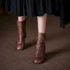 Vintage Top Grain Cowhide Womens Square Toe Block Heel Ankle Boots