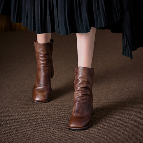 Vintage Top Grain Cowhide Womens Square Toe Block Heel Ankle Boots