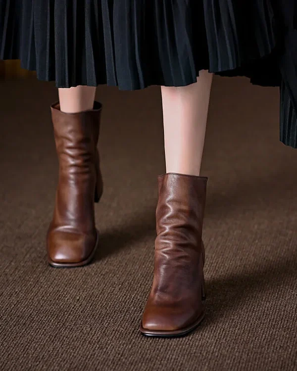 Vintage Top Grain Cowhide Womens Square Toe Block Heel Ankle Boots