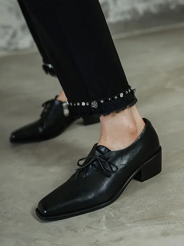 Timeless Washed Cowhide Womens Square Toe Block Heel Oxford Shoes