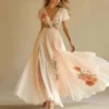 French Riviera 3D Floral Print Breathable Womens V Neck Maxi Dress