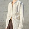 Minimalist Breathable Linen Cotton Striped Womens Stand Collar Shirt