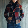 Timeless Warm Laminated Plaid Womens Stand Collar Blazer