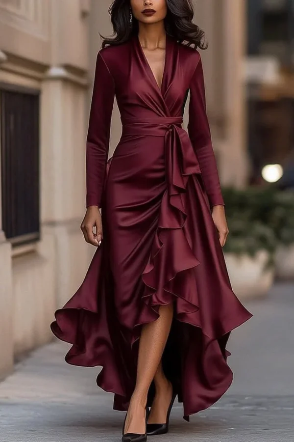 Timeless Stretch Polyester Ruffled Hem Womens V Neck Maxi Dress
