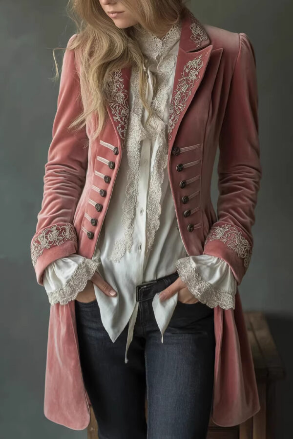 Timeless Pink Embroidered Velvet Womens Midi Coat