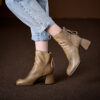 Vintage Top Grain Cowhide Womens Square Toe Block Heel Ankle Boots