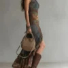 Boho Stretch Polyester Patchwork Ruffled Slit One Shoulder Maxi Dress