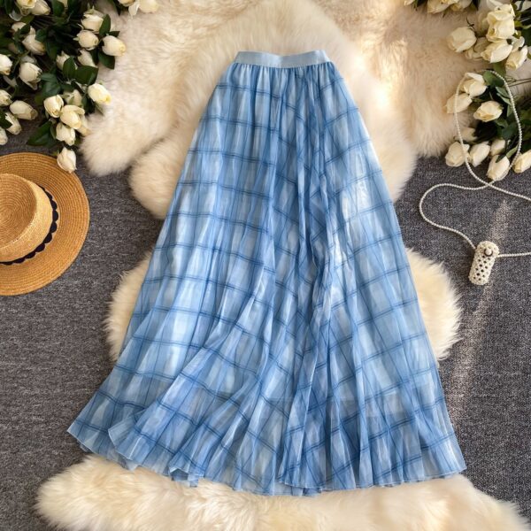 Workwear Breathable Plaid Pleated Mesh Womens Midi Skirt