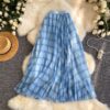 Elegant Breathable Crinkled Plaid Polyester Blend Womens Maxi Skirt