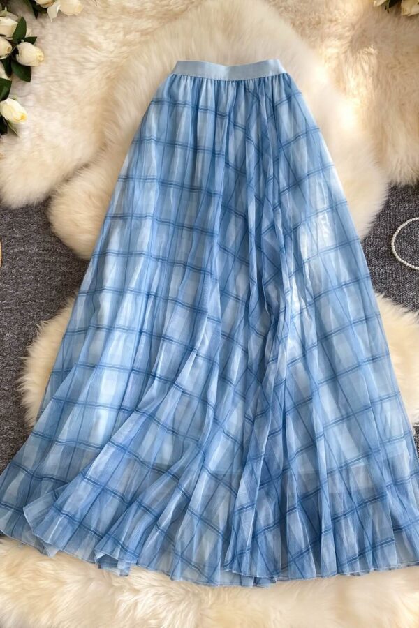 Elegant Breathable Crinkled Plaid Polyester Blend Womens Maxi Skirt