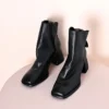 Vintage Top Grain Cowhide Womens Square Toe Block Heel Ankle Boots