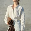 Minimalist Breathable Linen Cotton Striped Womens Stand Collar Shirt
