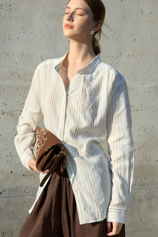 Minimalist Breathable Linen Cotton Striped Womens Stand Collar Shirt
