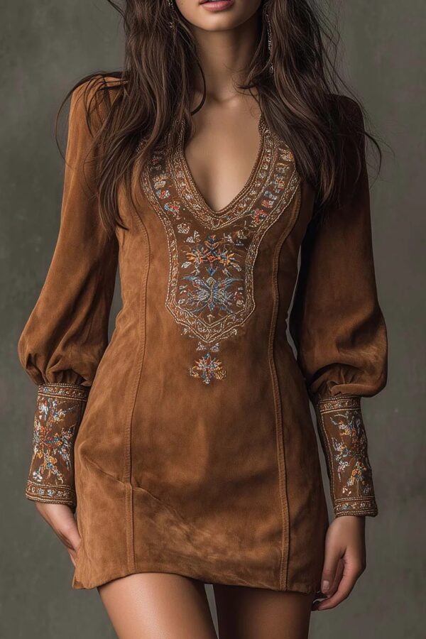 Boho Embroidery Stretch Polyester Womens Long Sleeve Mini Dress