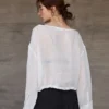 Minimalist Breathable Ramie Sheer Womens Long Sleeve Drawstring Top