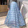 Elegant Breathable Crinkled Plaid Polyester Blend Womens Maxi Skirt
