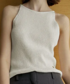 Minimalist Cotton Linen Ribbed Knit Womens Slim Fit Halter Vest