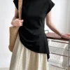 Minimalist Breathable Cotton Blend Womens Asymmetric Hem Cap Sleeve T Shirt