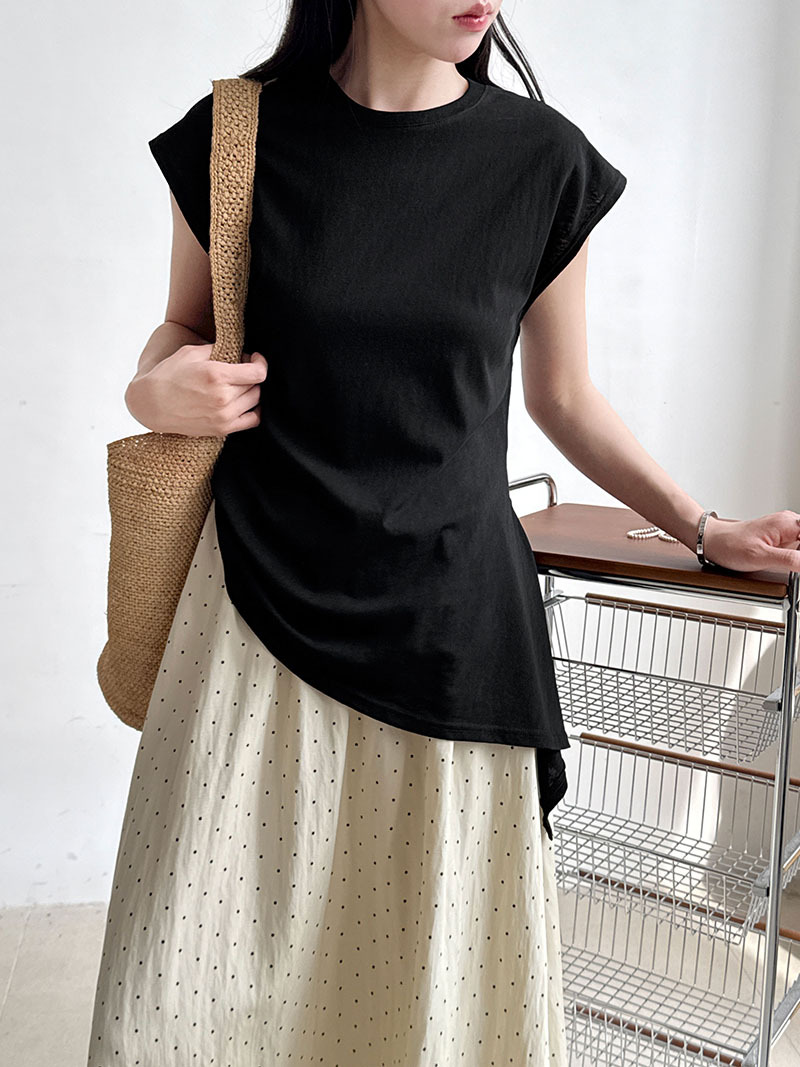 Minimalist Breathable Cotton Blend Womens Asymmetric Hem Cap Sleeve T Shirt