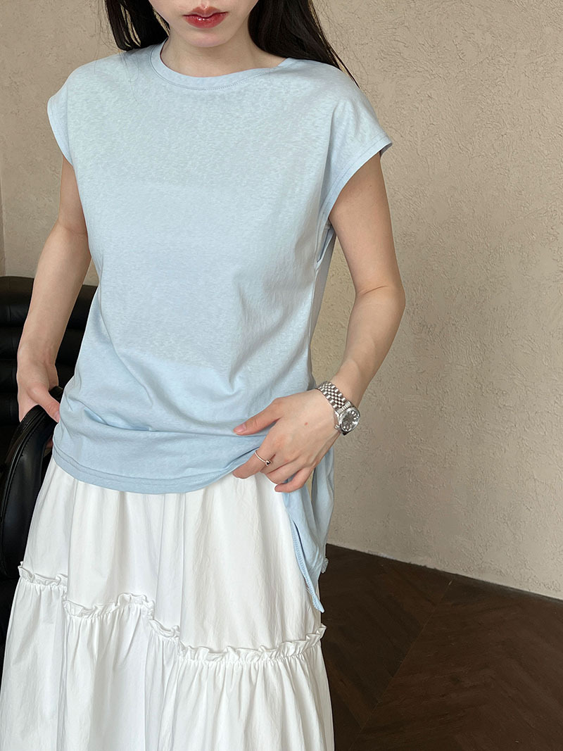 Minimalist Breathable Cotton Blend Womens Asymmetric Hem Cap Sleeve T Shirt