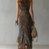 Boho Stretch Polyester Patchwork Ruffled Slit One Shoulder Maxi Dress