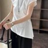 Minimalist Breathable Cotton Blend Womens Asymmetric Hem Cap Sleeve T Shirt