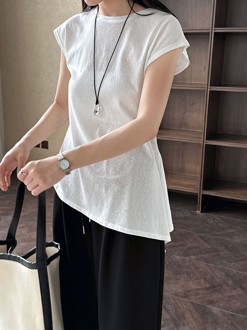 Minimalist Breathable Cotton Blend Womens Asymmetric Hem Cap Sleeve T Shirt