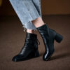 Vintage Top Grain Cowhide Womens Square Toe Block Heel Ankle Boots