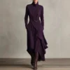 Timeless Stretchy Polyester Womens Turtleneck Irregular Hem Maxi Dress