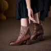 Vintage Top Grain Cowhide Womens Square Toe Block Heel Ankle Boots