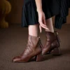 Vintage Top Grain Cowhide Womens Square Toe Block Heel Ankle Boots