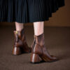 Vintage Top Grain Cowhide Womens Square Toe Block Heel Ankle Boots