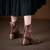 Vintage Top Grain Cowhide Womens Square Toe Block Heel Ankle Boots