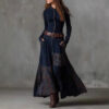 Boho Cotton Blend Spliced Womens High Waist Long Sleeve Maxi Dress