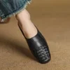 Minimalist Woven Genuine Leather Womens Square Toe Flat Mules