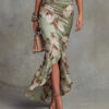 French Riviera Floral Printed Ruffled Satin Womens Bodycon Maxi Dress