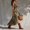 Boho Ruffled Ruched Tropical Print Split Breathable Womens Maxi Dress
