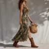 Boho Ruffled Ruched Tropical Print Split Breathable Womens Maxi Dress
