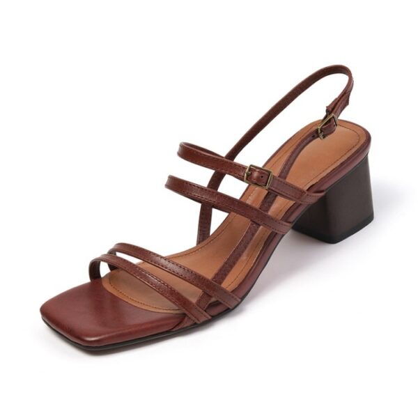 Minimalist Cowhide Womens Square Toe Buckle Block Heel Sandals