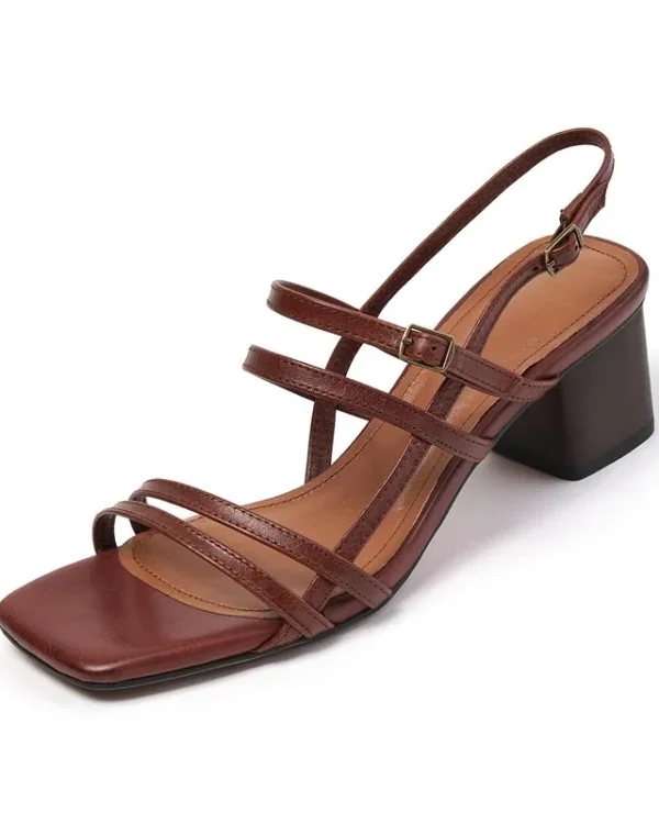 Minimalist Cowhide Womens Square Toe Buckle Block Heel Sandals