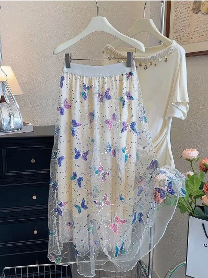 Boho Sequin Embroidered Butterfly Mesh Womens A Line Midi Skirt