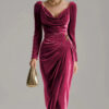Timeless Ruched Velvet Womens Long Sleeve Bodycon Midi Dress