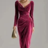 Timeless Ruched Velvet Womens Long Sleeve Bodycon Midi Dress