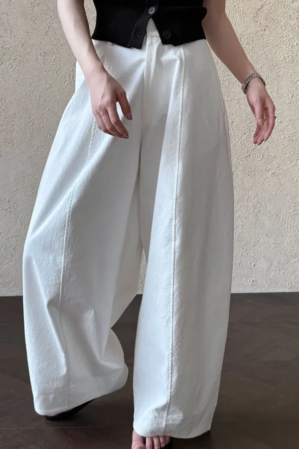 Minimalist Breathable Spliced Cotton Womens Mid Rise Straight Casual Pants