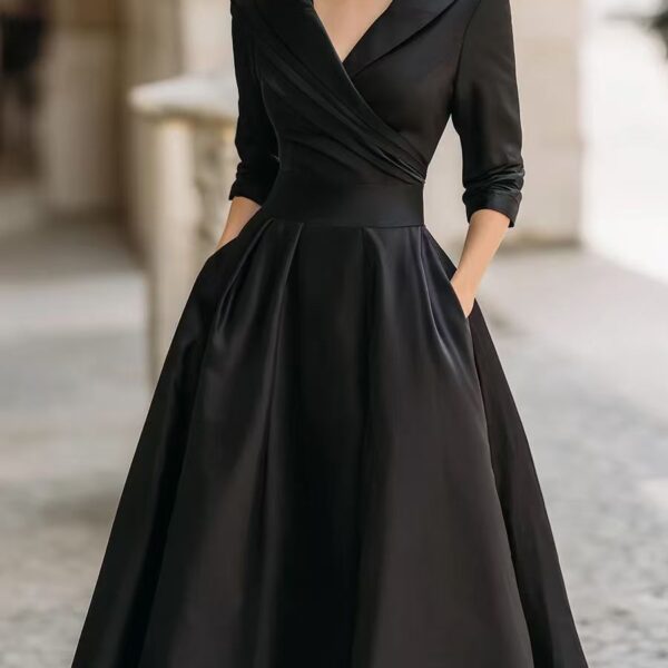 Elegant Timeless Stretch Polyester Womens Lapel High Waist Midi Dress