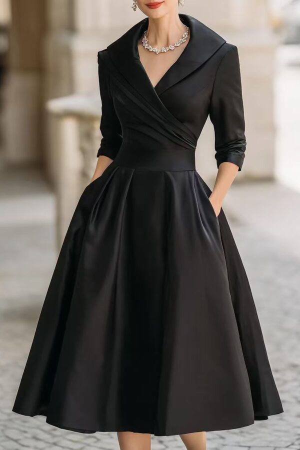 Elegant Timeless Stretch Polyester Womens Lapel High Waist Midi Dress