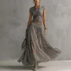 Boho Fringe Lace Shirred Womens Grey Two Piece Maxi Skirt Set