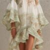 Boho Printed Ruffled Flare Sleeve Stretchy Polyester Womens Mini Dress
