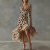 Boho Leopard Print Stretchy Polyester Womens Ruffled Maxi Dress