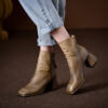 Vintage Top Grain Cowhide Womens Square Toe Block Heel Ankle Boots